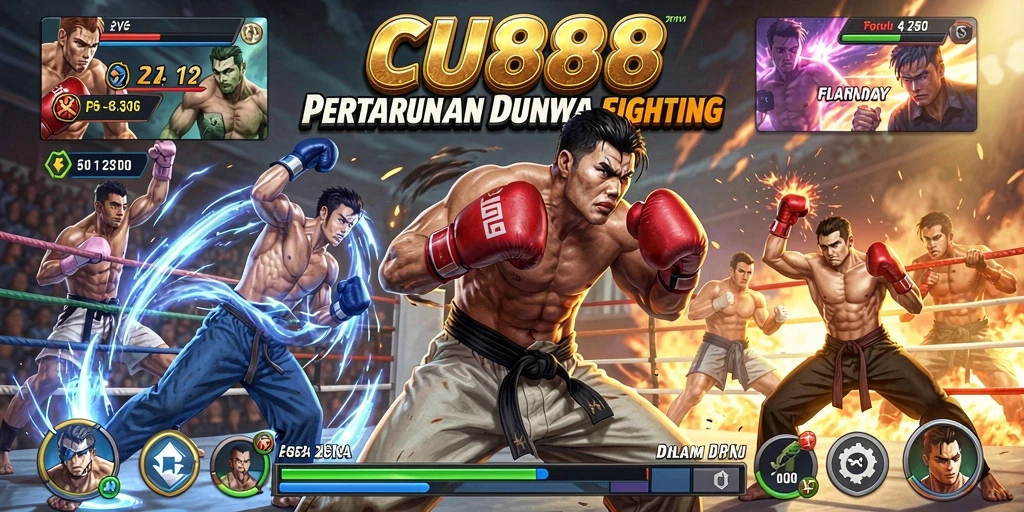 Screenshot utama CU888 dengan aksi pertarungan yang mendebarkan.