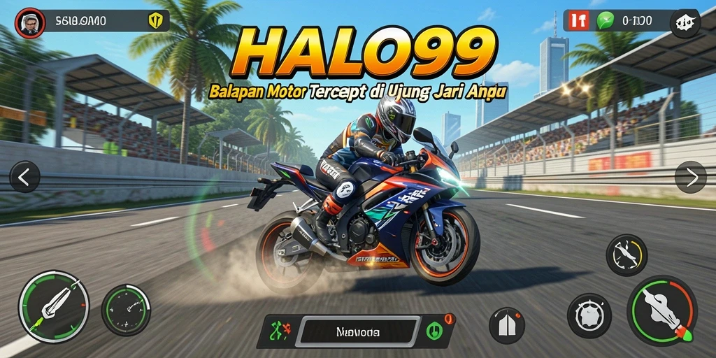 Tampilan gameplay HALO99 dengan balapan motor yang seru dan beraksi.