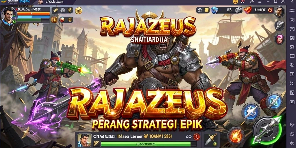 Tangkapan layar RAJAZEUS menampilkan pertempuran strategi yang mendebarkan.