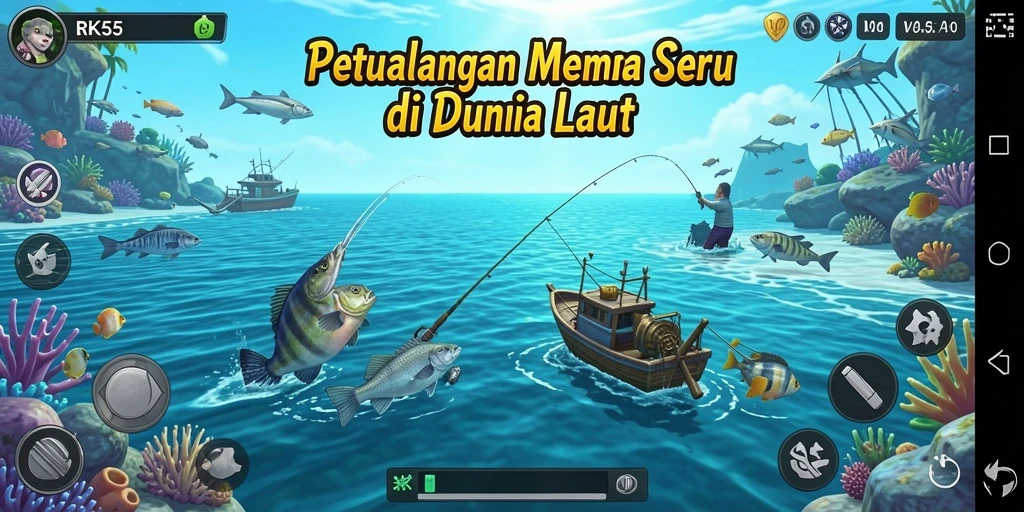 Screenshot gameplay RK55 menampilkan aksi memancing yang mendebarkan.