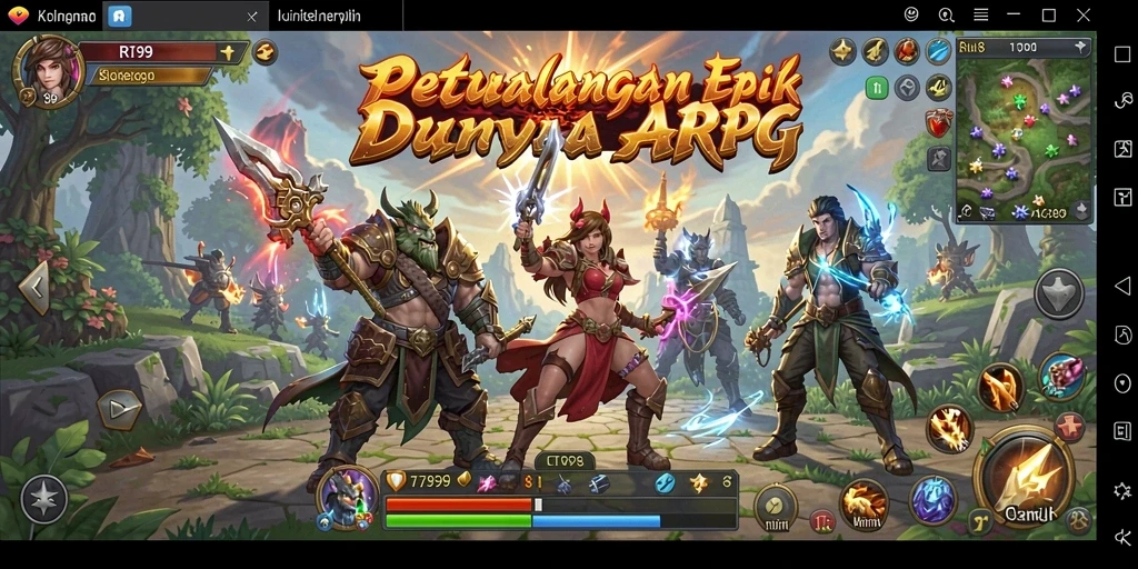 Tampilan gameplay RT99 dengan pertarungan seru dan karakter epik.