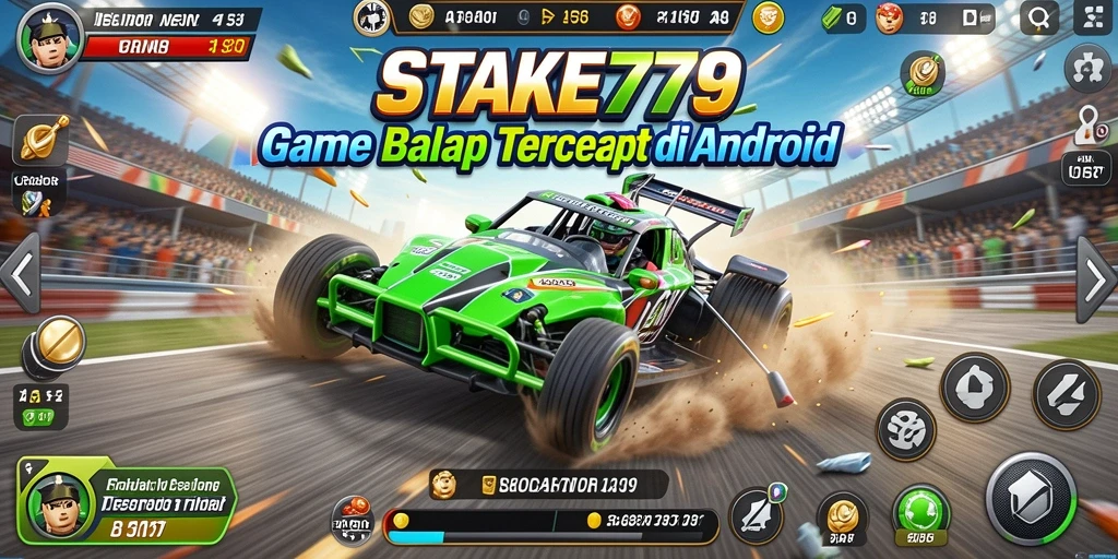 Tangkapan layar gameplay balap STAKE779 dengan mobil melaju cepat di sirkuit.