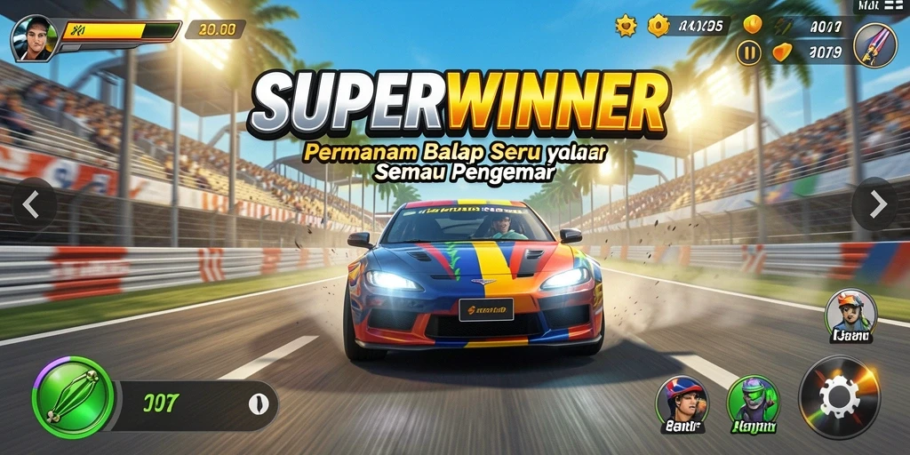 Tangkapan layar gameplay SUPERWINNER menampilkan aksi balap yang mendebarkan.